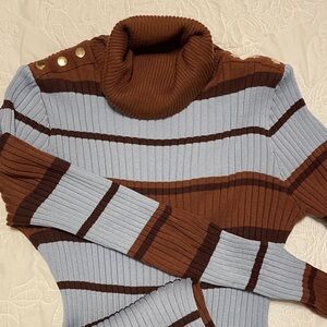 No Boundaries Brown and Blue Striped Cowl Neck Sweater